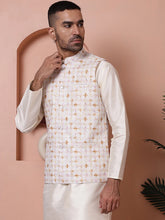 Floral Printed and Embroidered Nehru Jacket for Men-JOWC-4100Off-White